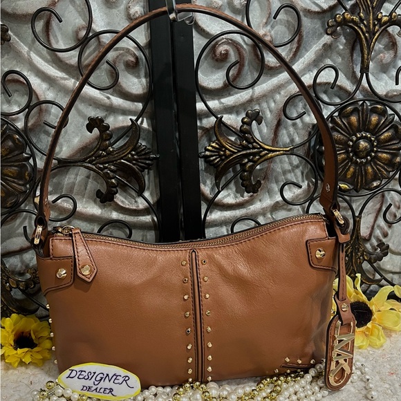 MICHAEL KORS Astor Re-Edition Leather Pouchette Bag Luggage Brown EUC! - Picture 1 of 11